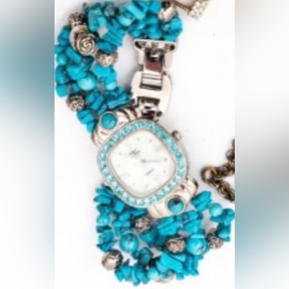 #J921 - VTG Suzanne Somers Turquoise, Aqua Crystals & Silver-tone Ladies Watch - Picture 12 of 13